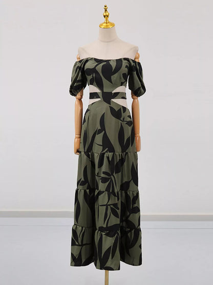 Off-Shoulder Cutout Leaf Print Maxi Dress