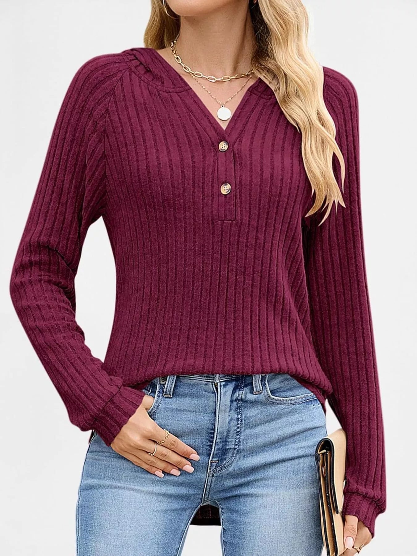 Full Size Ribbed Knit Button Detail Hooded Top Plus Size