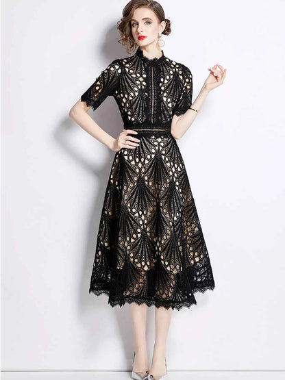 Full Size Lace Short Sleeve Midi Dress Plus Size