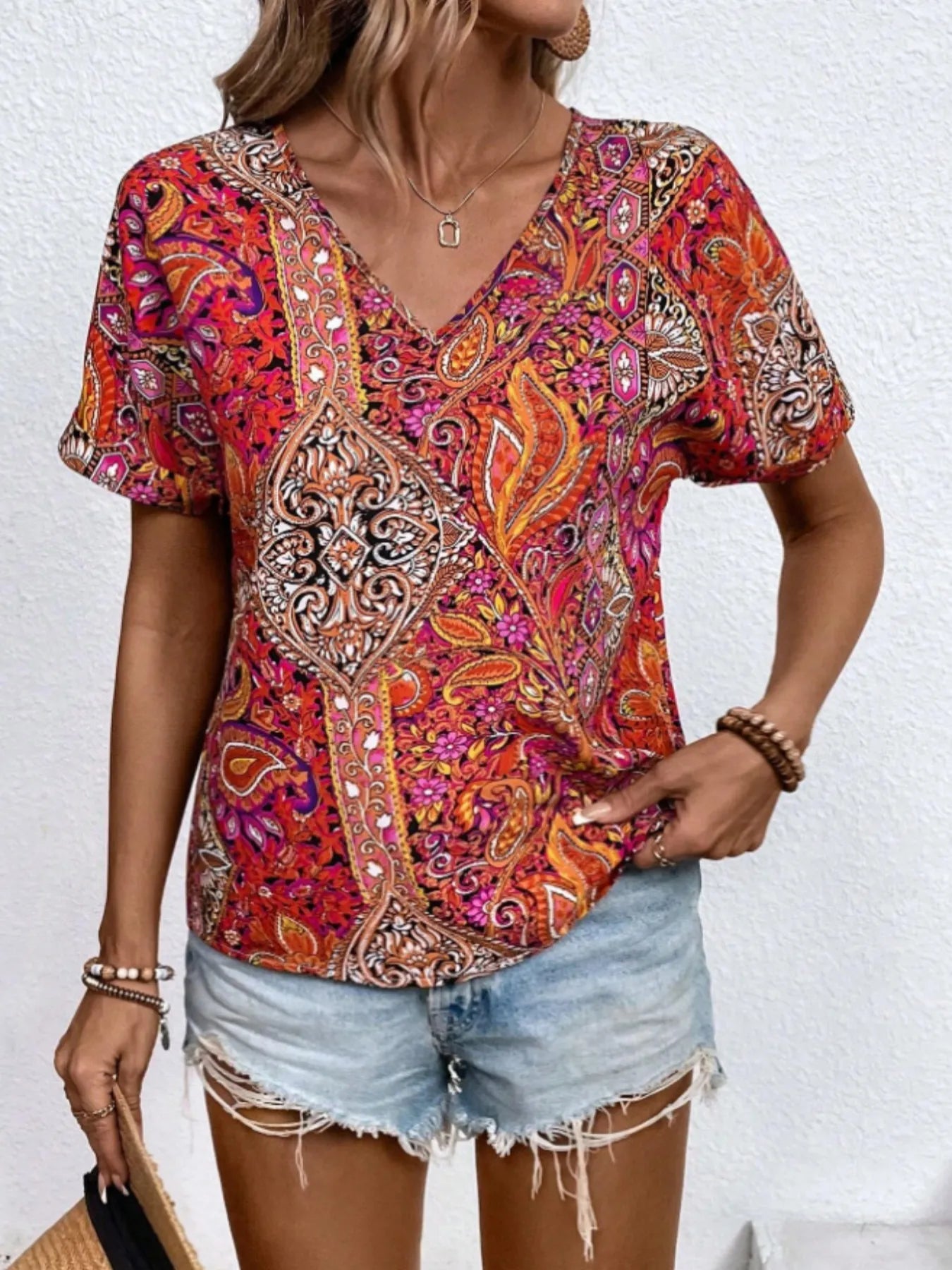 Bohemian Paisley Print V-Neck Short Sleeve T-Shirt