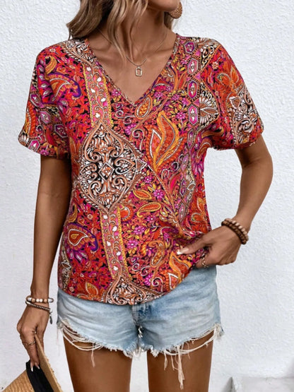 Bohemian Paisley Print V-Neck Short Sleeve T-Shirt